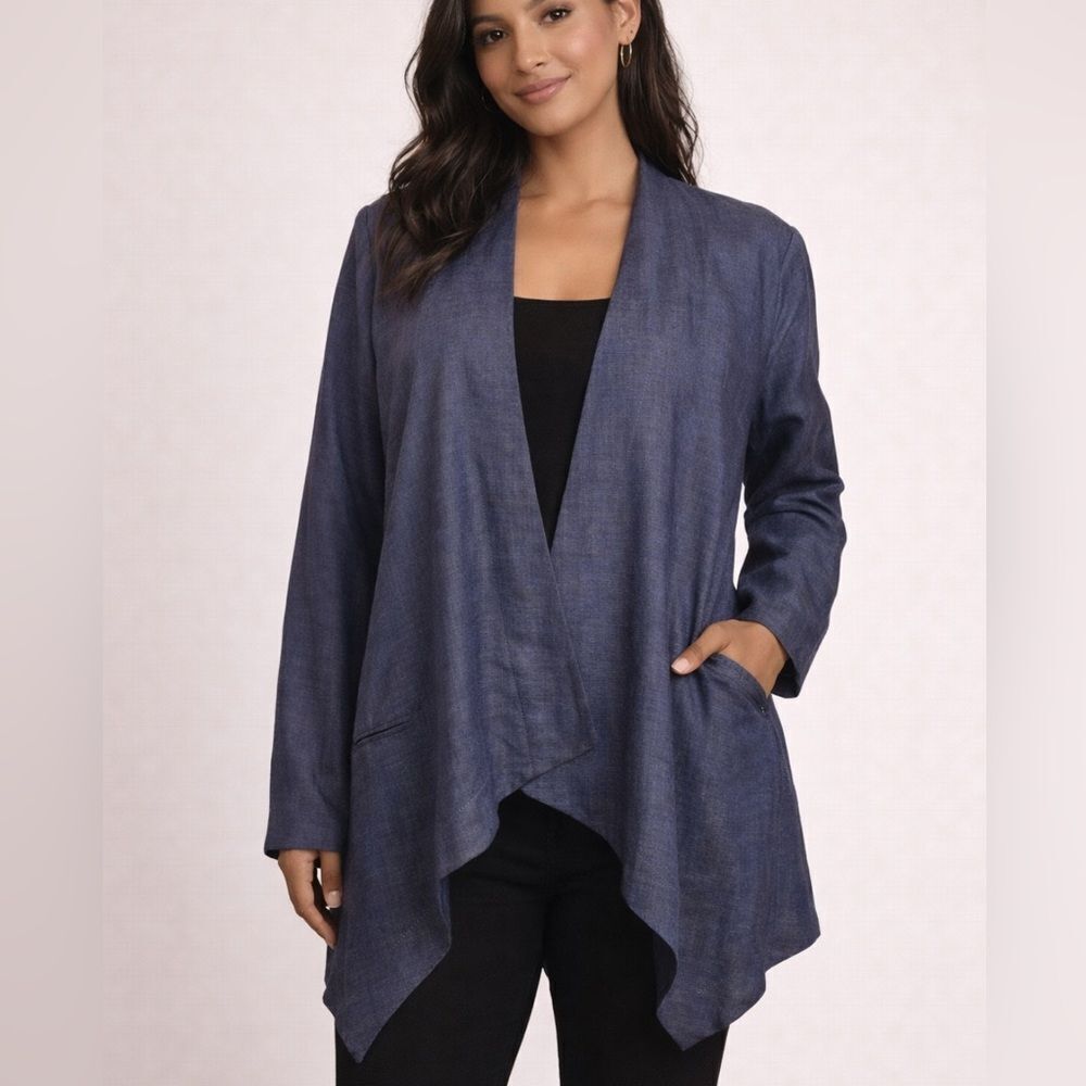New Talbots Linen Open Front Draped Waterfall Topper Blue Career Jacket Sz 10
